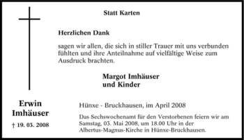 Traueranzeige von Erwin Imhäuser von Tageszeitung