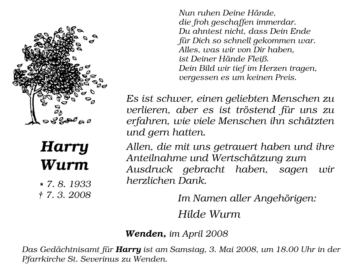 Traueranzeige von Harry Wurm von Tageszeitung