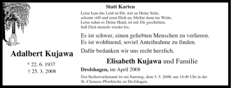  Traueranzeige für Adalbert Kujawa vom 30.04.2008 aus Tageszeitung