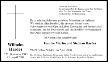 Traueranzeige von Wilhelm Hardes von Tageszeitung