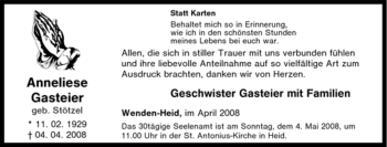 Traueranzeige von Anneliese Gasteier von Tageszeitung