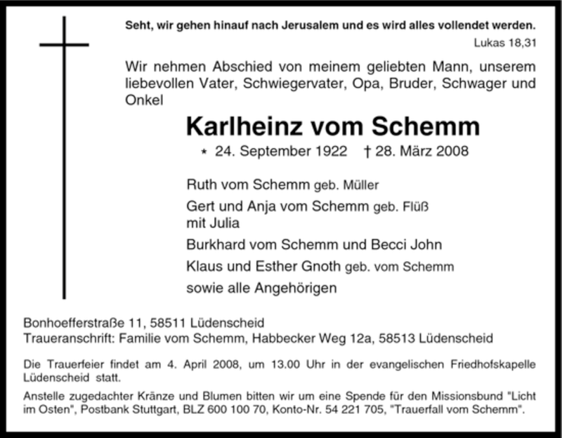  Traueranzeige für Karlheinz vom Schemm vom 01.04.2008 aus Tageszeitung