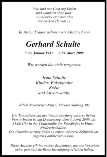 Traueranzeige von Gerhard Schulte von Tageszeitung