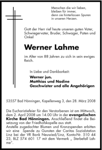 Traueranzeige von Werner Lahme von Tageszeitung