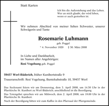 Traueranzeige von Rosemarie Luhmann von Tageszeitung