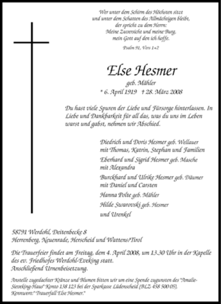  Traueranzeige für Else Hesmer vom 01.04.2008 aus Tageszeitung