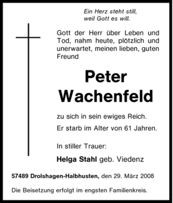 Traueranzeige von Peter Wachenfeld von Tageszeitung