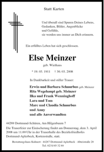 Traueranzeige von Else Meinzer von Tageszeitung