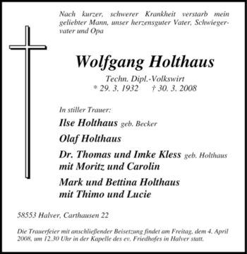 Traueranzeige von Wolfgang Holthaus von Tageszeitung
