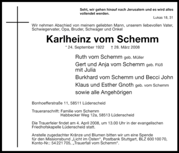 Traueranzeige von Karlheinz vom Schemm von Tageszeitung