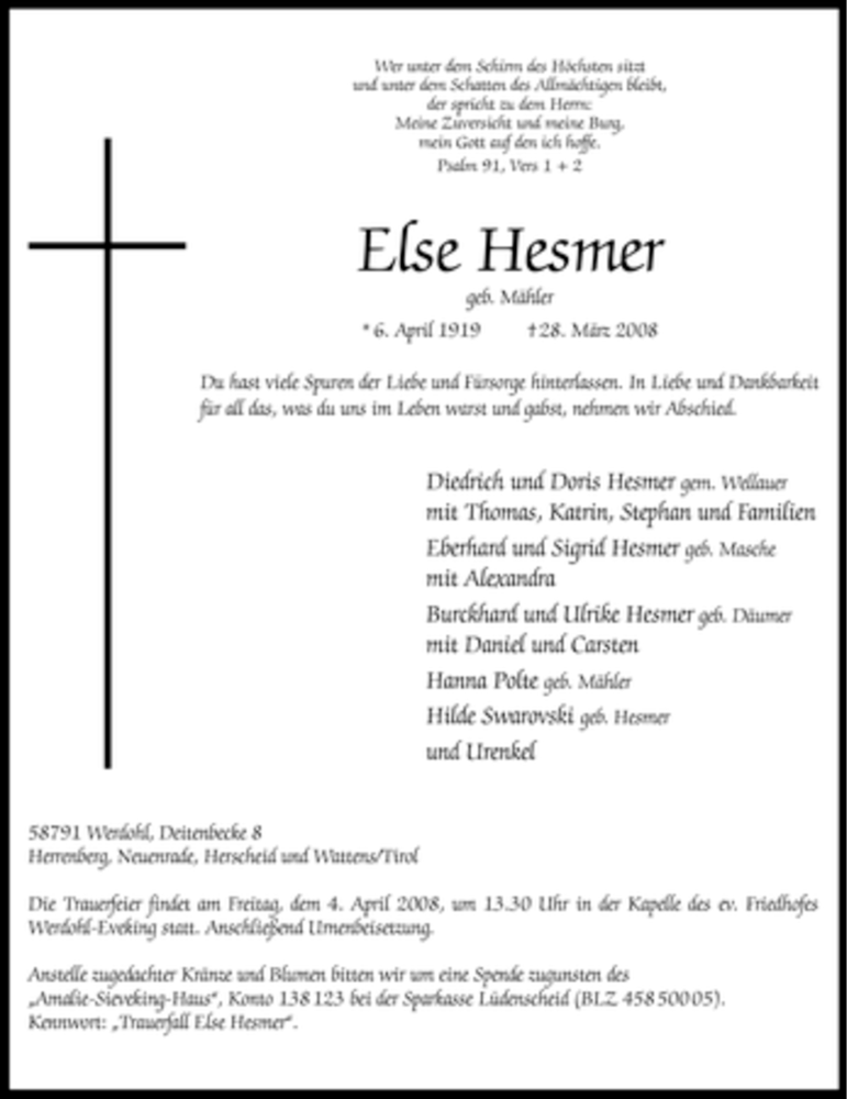  Traueranzeige für Else Hesmer vom 01.04.2008 aus Tageszeitung