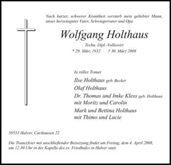 Traueranzeige von Wolfgang Holthaus von Tageszeitung