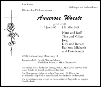 Traueranzeige von Annerose Woeste von Tageszeitung