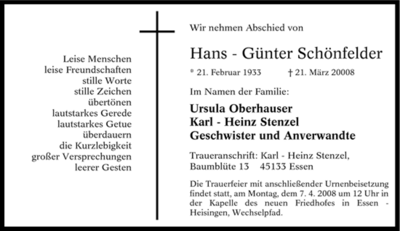 Traueranzeigen von Hans Günter Schönfelder TrauerinNRW.de
