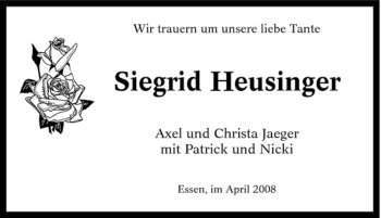 Traueranzeige von Siegrid Heusinger von Tageszeitung