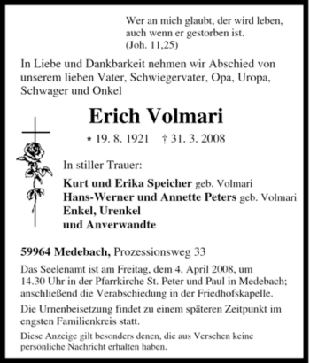 Traueranzeige von Erich Volmari von Tageszeitung