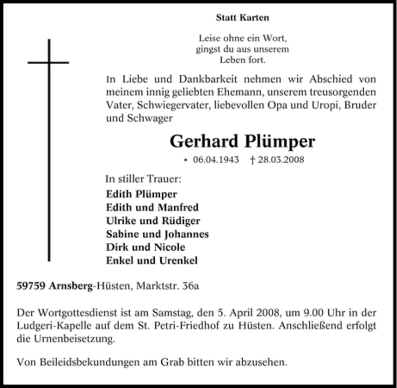  Traueranzeige für Gerhard Plümper vom 02.04.2008 aus Tageszeitung