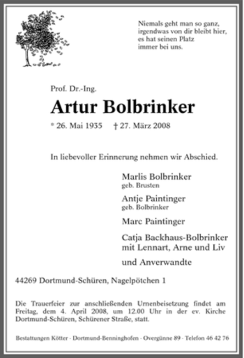 Traueranzeige von Artur Bolbrinker von Tageszeitung