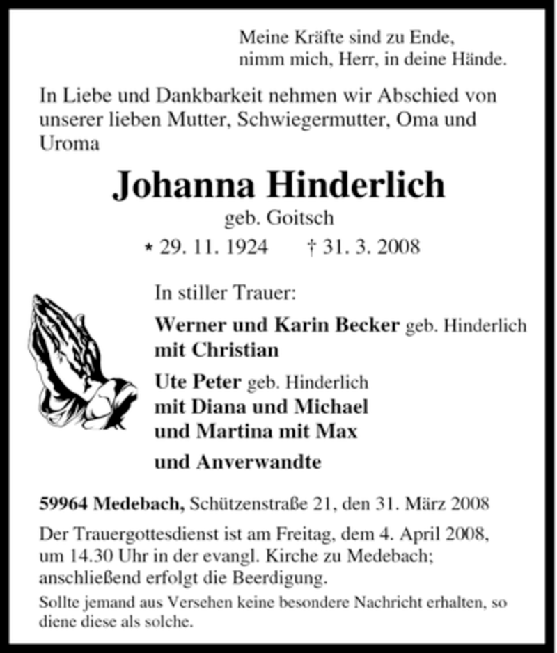 Traueranzeige für Johanna Hinderlich vom 02.04.2008 aus Tageszeitung