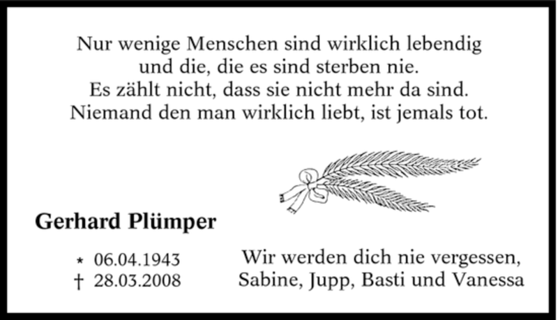  Traueranzeige für Gerhard Plümper vom 02.04.2008 aus Tageszeitung