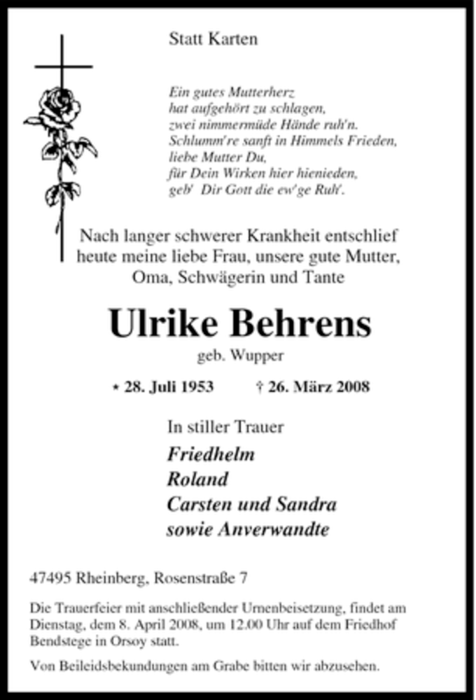  Traueranzeige für Ulrike Behrens vom 02.04.2008 aus Tageszeitung