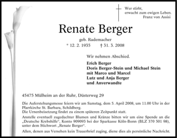 Traueranzeige von Renate Berger von Tageszeitung