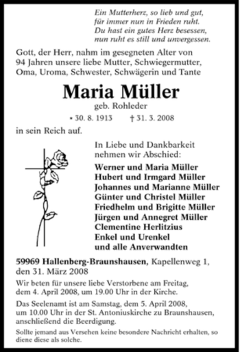 Traueranzeige von Maria Müller von Tageszeitung