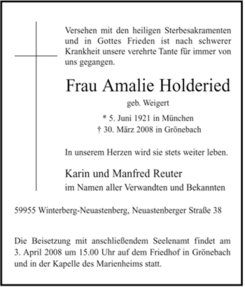 Traueranzeige von Amalie Holderied von Tageszeitung