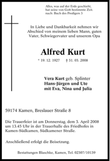 Traueranzeigen von Alfred Kurt TrauerinNRW.de