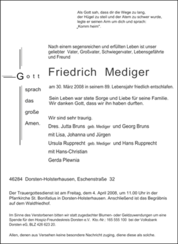 Traueranzeige von Friedrich Mediger von Tageszeitung