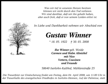 Traueranzeige von Gustav Winner von Tageszeitung