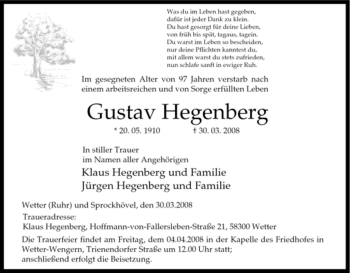 Traueranzeige von Gustav Hegenberg von Tageszeitung