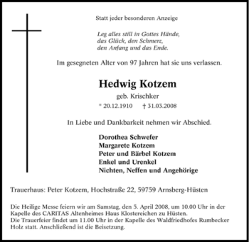 Traueranzeige von Hedwig Kotzem von Tageszeitung