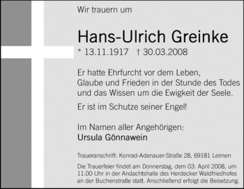 Traueranzeige von Hans-Ulrich Greinke von Tageszeitung