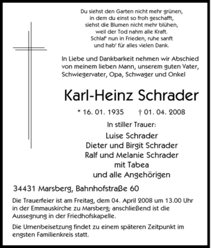  Traueranzeige für Karl-Heinz Schrader vom 02.04.2008 aus Tageszeitung
