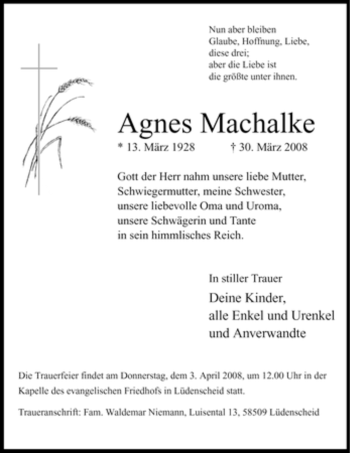 Traueranzeige von Agnes Machalke von Tageszeitung