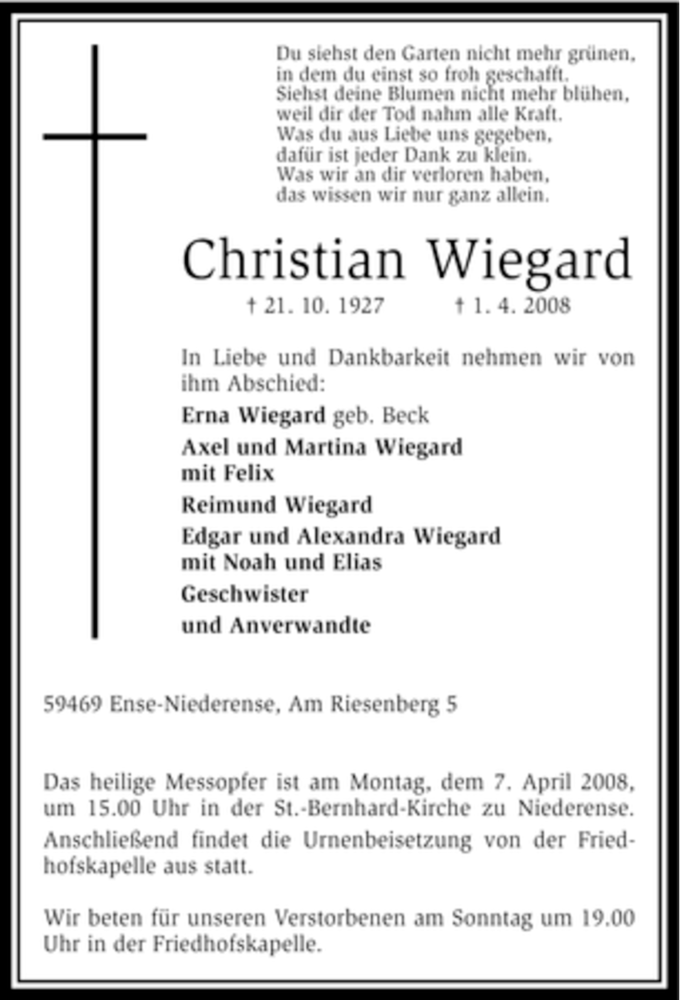  Traueranzeige für Christian Wiegard vom 02.04.2008 aus Tageszeitung