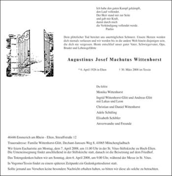 Traueranzeige von Augustinus Josef Machutus Wittenhorst von Tageszeitung