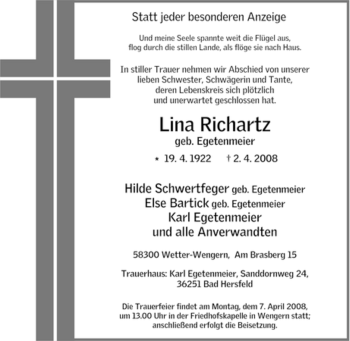 Traueranzeige von Lina Richartz von Tageszeitung