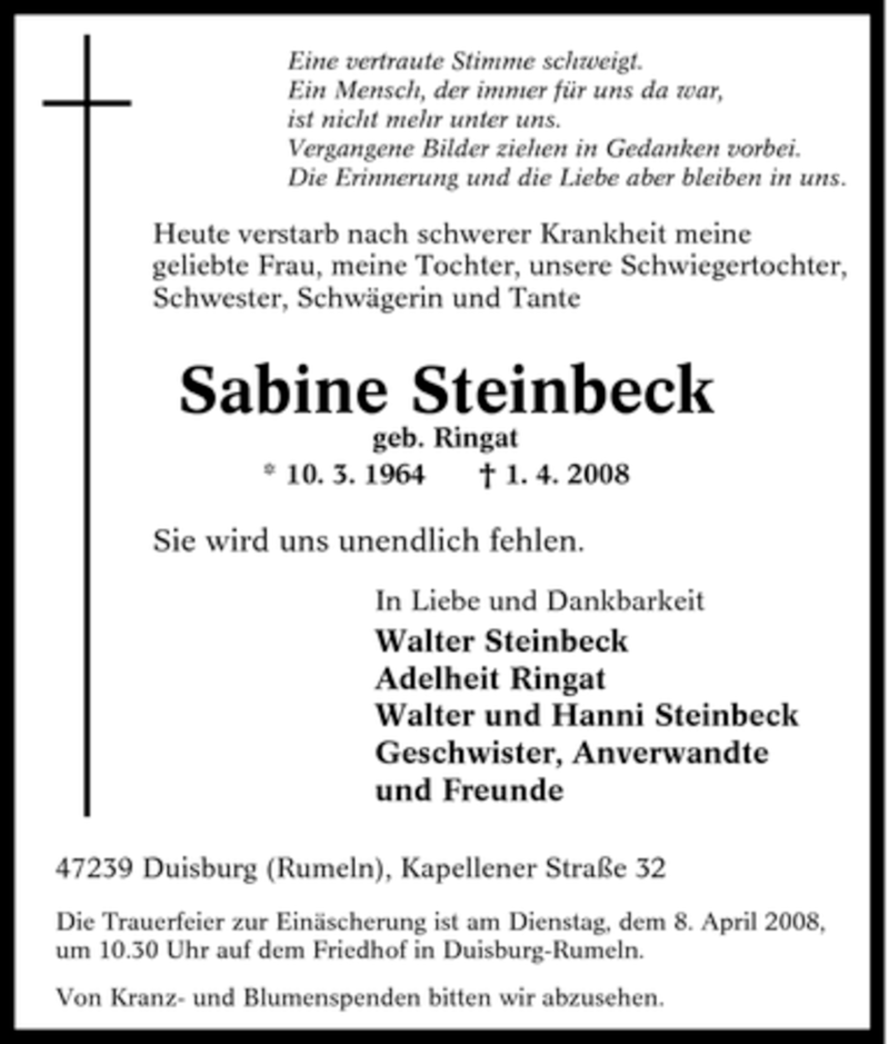 Traueranzeige für Sabine Steinbeck vom 04.04.2008 aus Tageszeitung
