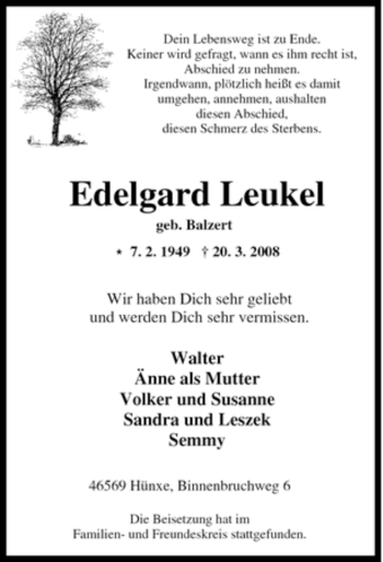 Traueranzeige von Edelgard Leukel von Tageszeitung
