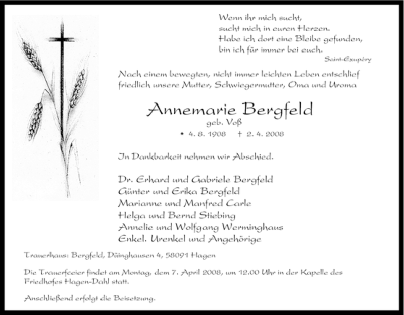  Traueranzeige für Annemarie Bergfeld vom 04.04.2008 aus Tageszeitung
