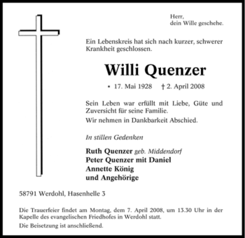 Traueranzeige von Willi Quenzer von Tageszeitung