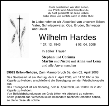 Traueranzeige von Wilhelm Hardes von Tageszeitung