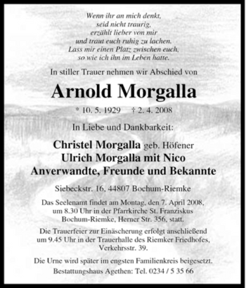 Traueranzeige von Arnold Morgalla von Tageszeitung