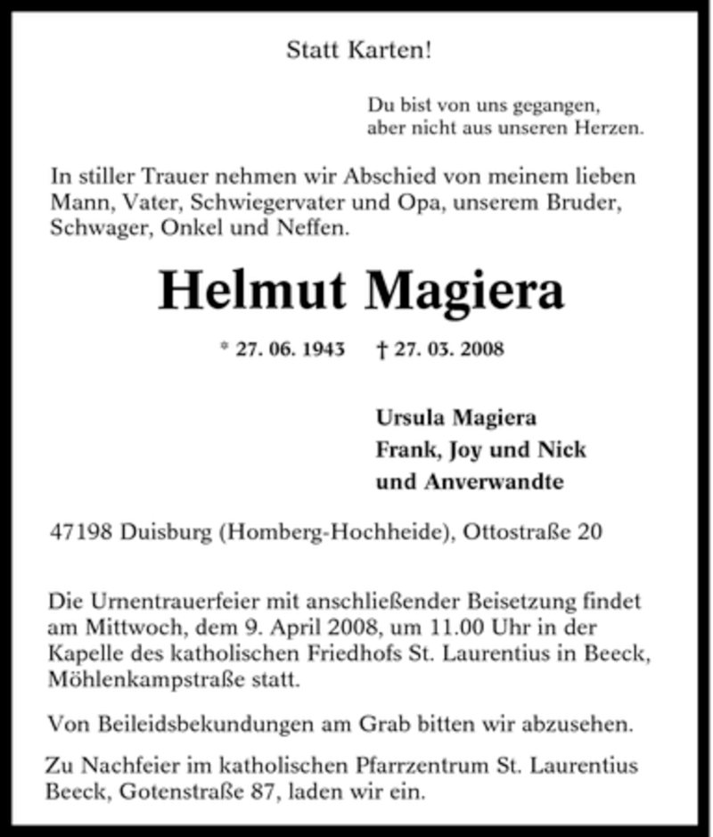 Traueranzeigen von Helmut Magiera TrauerinNRW.de