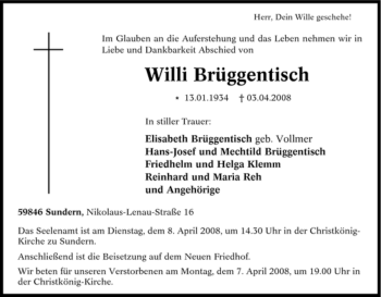 Traueranzeige von Willi Brüggentisch von Tageszeitung