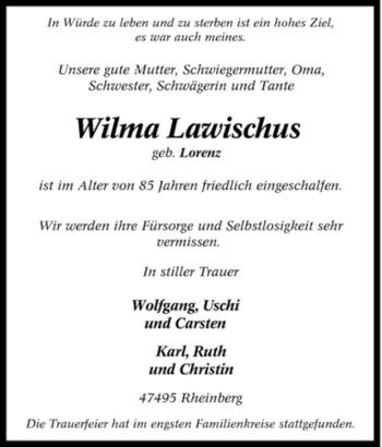 Traueranzeige von Wilma Lawischus von Tageszeitung