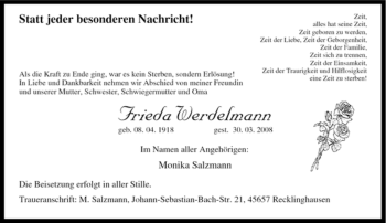 Traueranzeige von Frieda Wordelmann von Tageszeitung