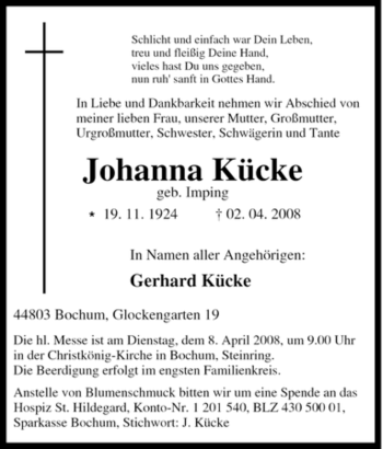 Traueranzeige von Johanna Kücke von Tageszeitung